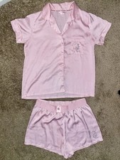 Juicy Couture Women s Y2K Soft Pink Satin 2 Piece Pajama Set, Rhinestone Logo, M