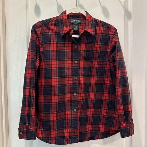 Lauren Ralph Lauren Damen Karo Flanell Hemd Langarm Rot Baumwolle Petite PM