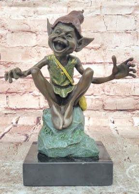 Funny Goblin Bronze Statue on Marble Base Whimsical Elf Home Decor Sculpture
