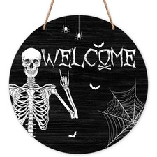 Halloween Skeleton Welcome Sign, Spooky Wooden Front Door Hanger Decorations,...