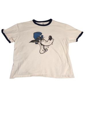 Disney Big Bad Wolf  Big & Bad  T-shirt White Ringer Blue Trim Has Some Stains