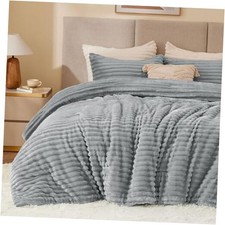 Fleece Comforter Set -Super Soft Warm Fluffy Bedding, Queen Light Grey
