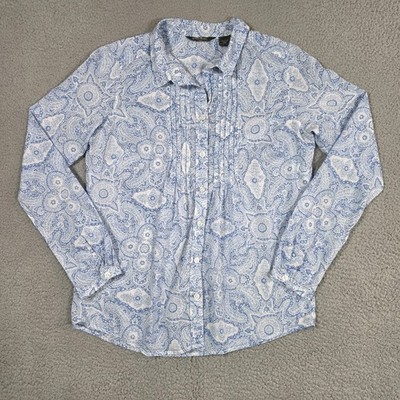 Vintage Eddie Bauer Dainty Paisley Pintuck Shirt Womens Small Blue Vneck Preppy