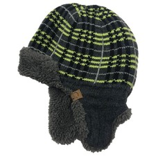 Toddler Boys Gray  Yellow Plaid Plush Lined Winter Trapper Hat
