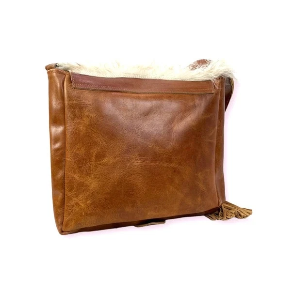 Exklusive handgefertigte Ledertasche mit Schaffell und Fransen – Schultertasche - Bild 3 von 4
