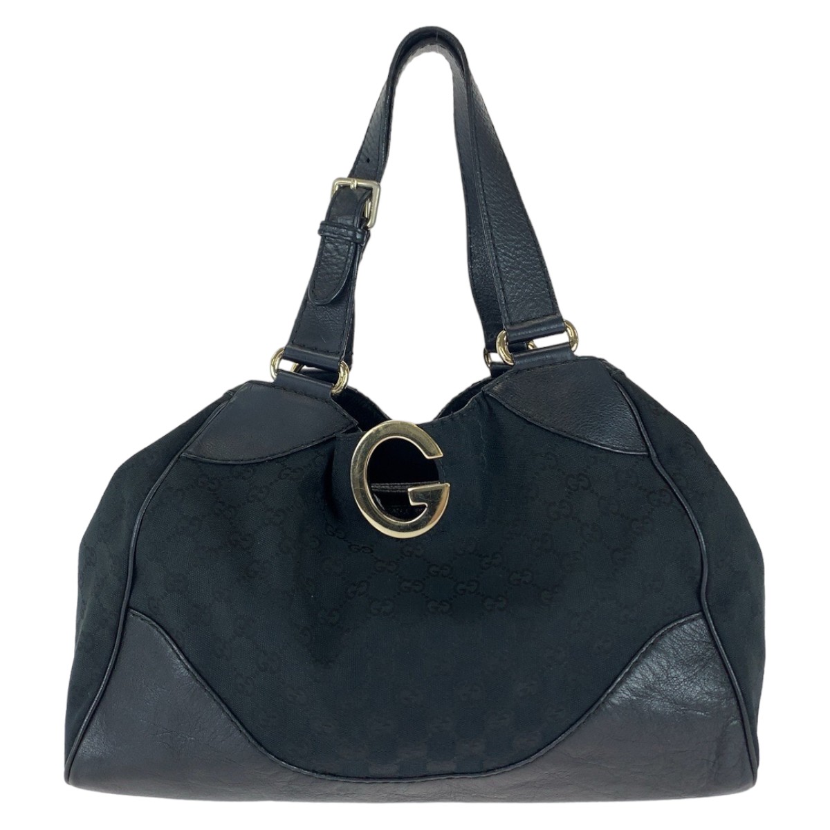 GUCCI GG Canvas and Leather Tote Shoulder Bag Black with Silver Hardware