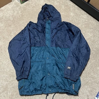 Helly Hansen Jacket Mens XL Navy Blue Teal Hooded Nylon Windbreaker Coat Shell