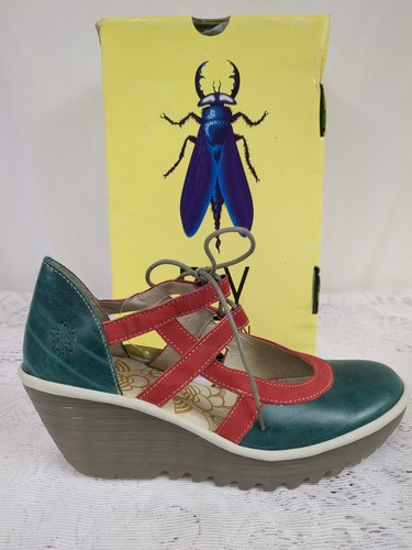 NEW Fly London Yett Wedges Petrol Blue Red Cherry LT Grey Lace Up Size 8.5 - 39 