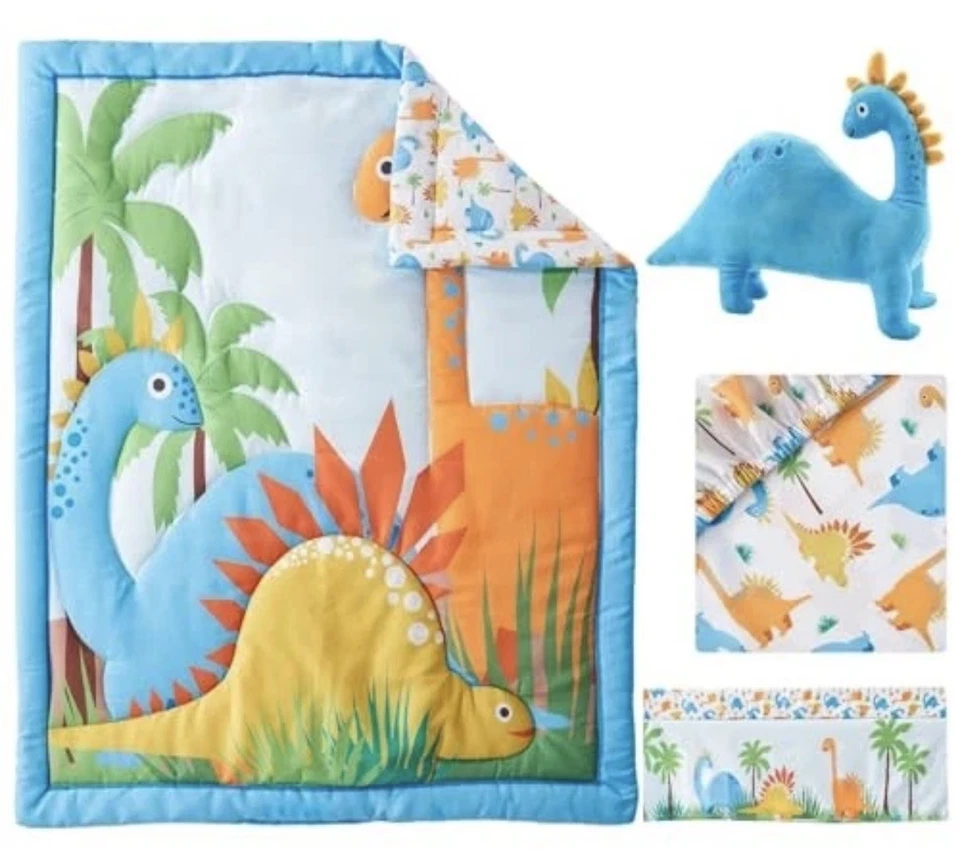 Juego de cama de cuna de 4 piezas para niños niñas, ropa de cama infantil dinosaurio azul Foto 4 de 4