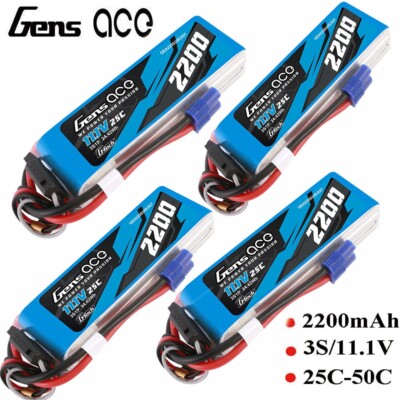 4x Gens Ace 2200mAh 3S 11.1V 25C G-Tech GTech Lipo RC Battery Pack w/ EC3 Plug