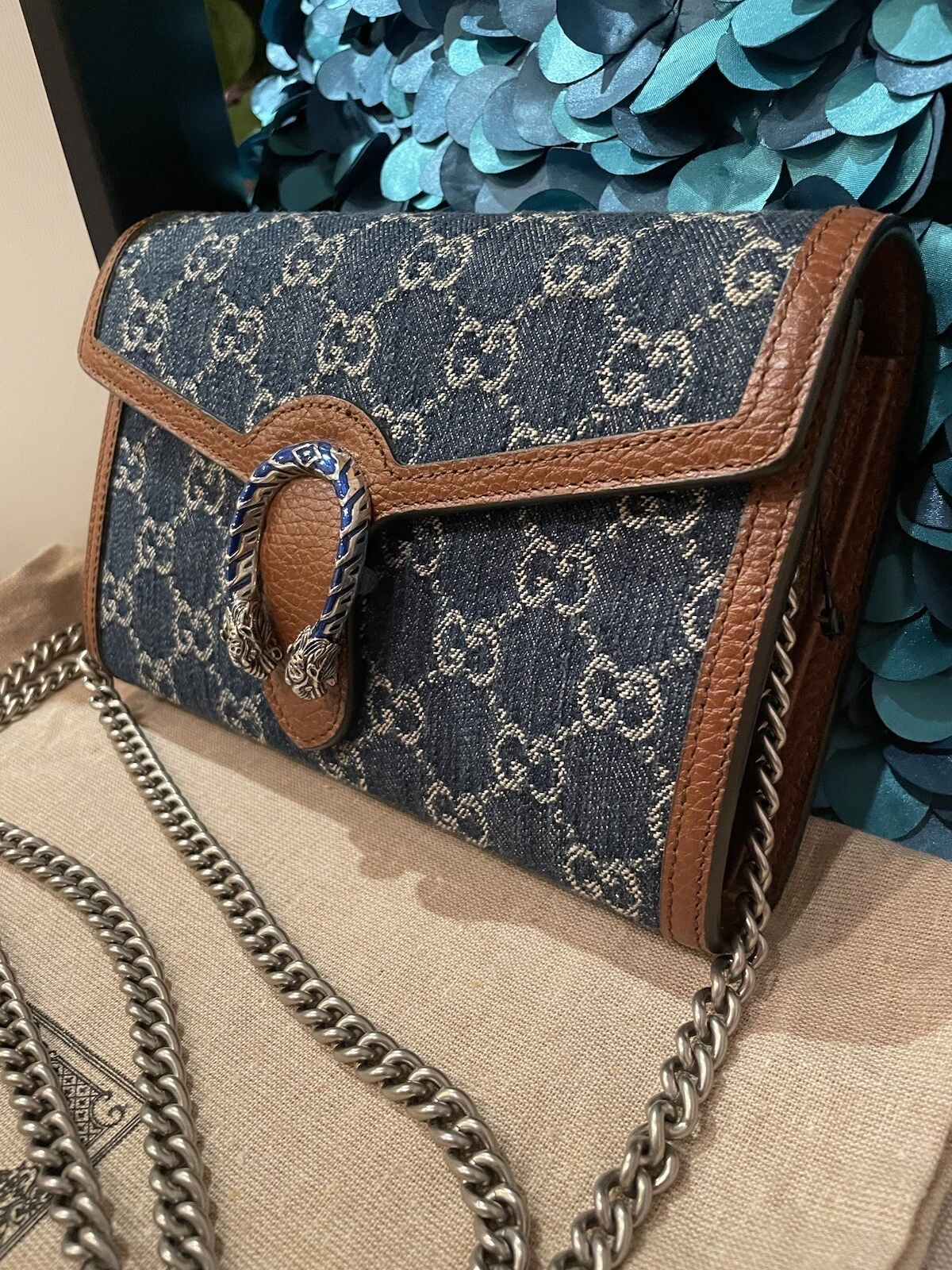 Mini sac bandoulière Gucci Dionysus cuir et denim bleu biologique jacquard 401231