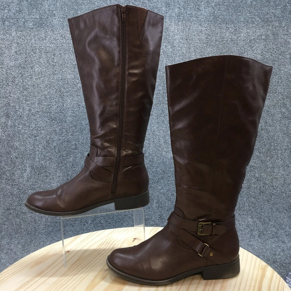 Style And Co Boots Womens 9.5 M Marliee Wide Calf Zip Riding Brown Faux Leather - Image 2 of 4