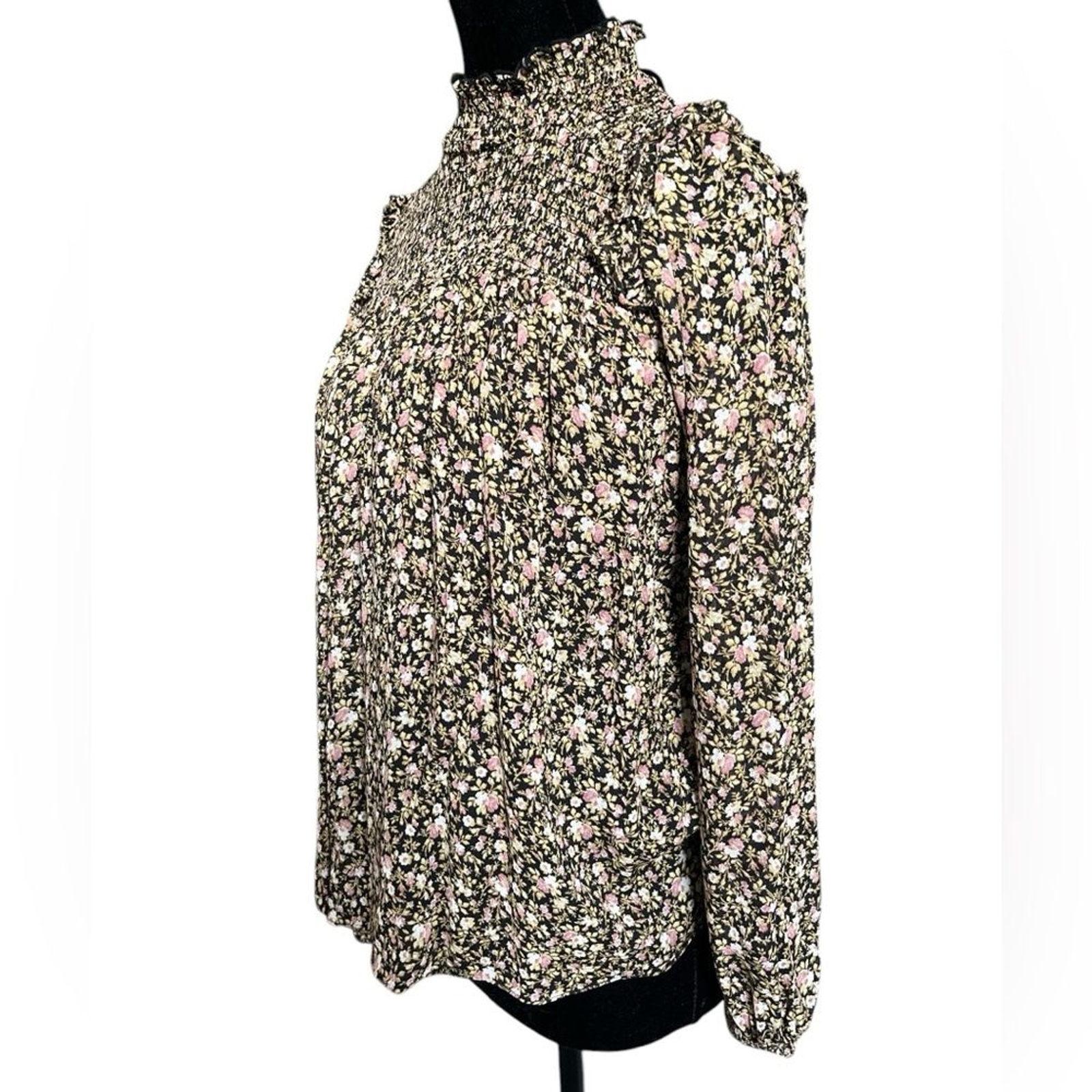 ALTRA & Other Stories Blusa Floreale Taglia 2 Smocked Collo Alto Modesta Fluida Top Shirt