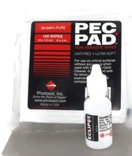 ECLIPSE 1/2oz OPTIC CLEANING FLUID 100 PK OF 4x4 INCH PEC PADS -PHOTOSOL-0.5oz
