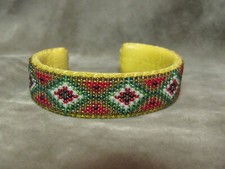 Hand Made Cuff Bracelet Metal w/Leather and Geometric Beadwork Top colorful