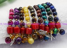 Natural 8mm Multicolor Tiger's Eye  Red Coral Cylinder Beads Bracelet 7.5 in