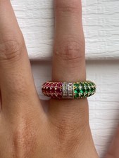 Modern Lab Created Ruby, Emerald Clear CZ 925 Silver 14kt Eternity Band Size 7