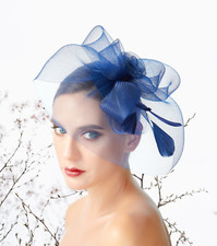 Navy Blue Feather Net Wedding Fascinator Woman Headpiece Cocktail Event Party