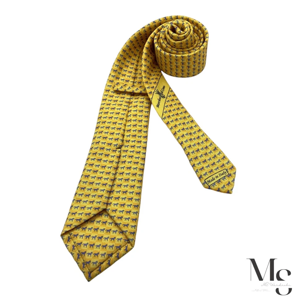 MARCHESI DI COMO 黄色马印花丝绸领带 意大利制造 W:3" EX COND — 第 2/4 张图片