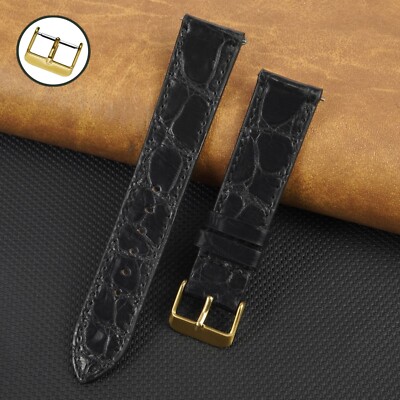 Black Flat Crocodile Leather Watch Band Real Crocodile Watch Strap Gold Buckle