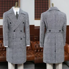 Winter Men's Gray Long Plaid Coat Double Breasted Loose Fit Ovecoat for Business
