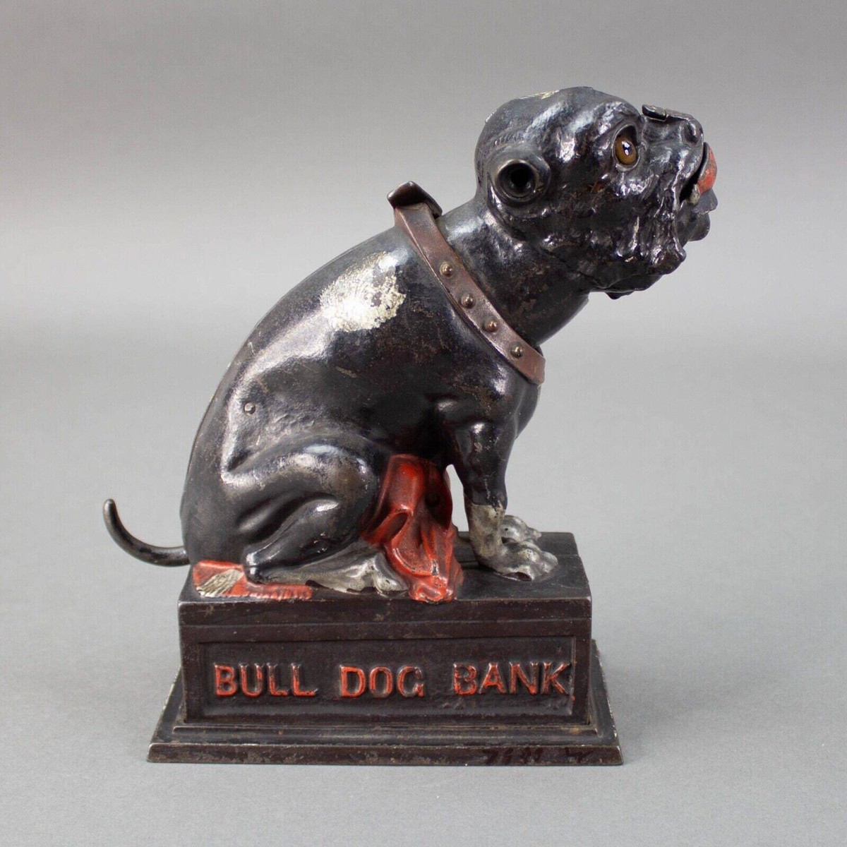 J & E Stevens Cast Iron Bull Dog Bank Coin On Nose (Red