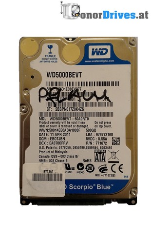 Western DigitalWD5000BEVT-60A0RT0 -500 GB - SATA - PCB 2060-771672-004 Rev. A*