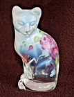 FENTON Art Glass ~ HP Roses on Feline Cat ~ D.Cutshaw ~ 5" Excellent