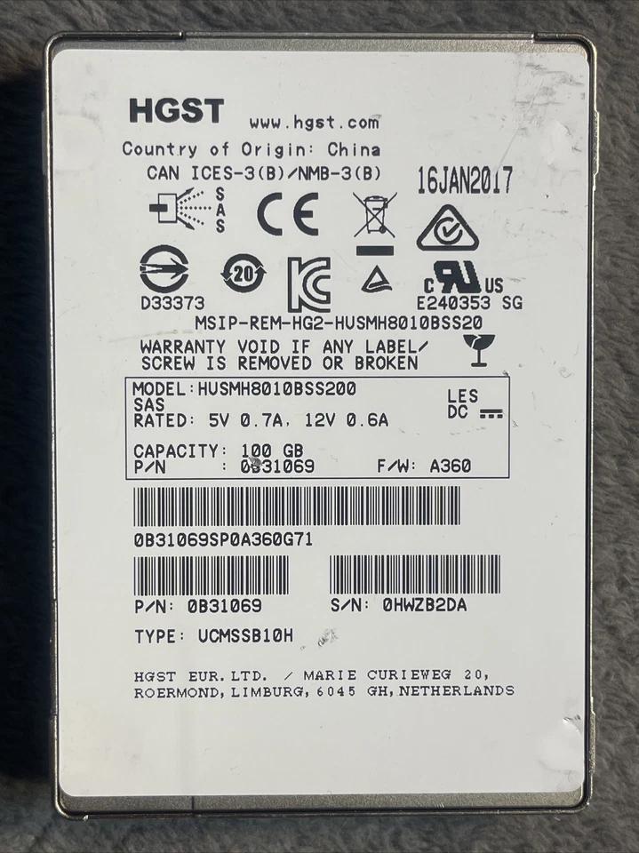 HGST HUSMH8010BSS200 100GB 12Gb/s 2.5" SED SAS SSD / TESTED / USED - Image 2 of 3