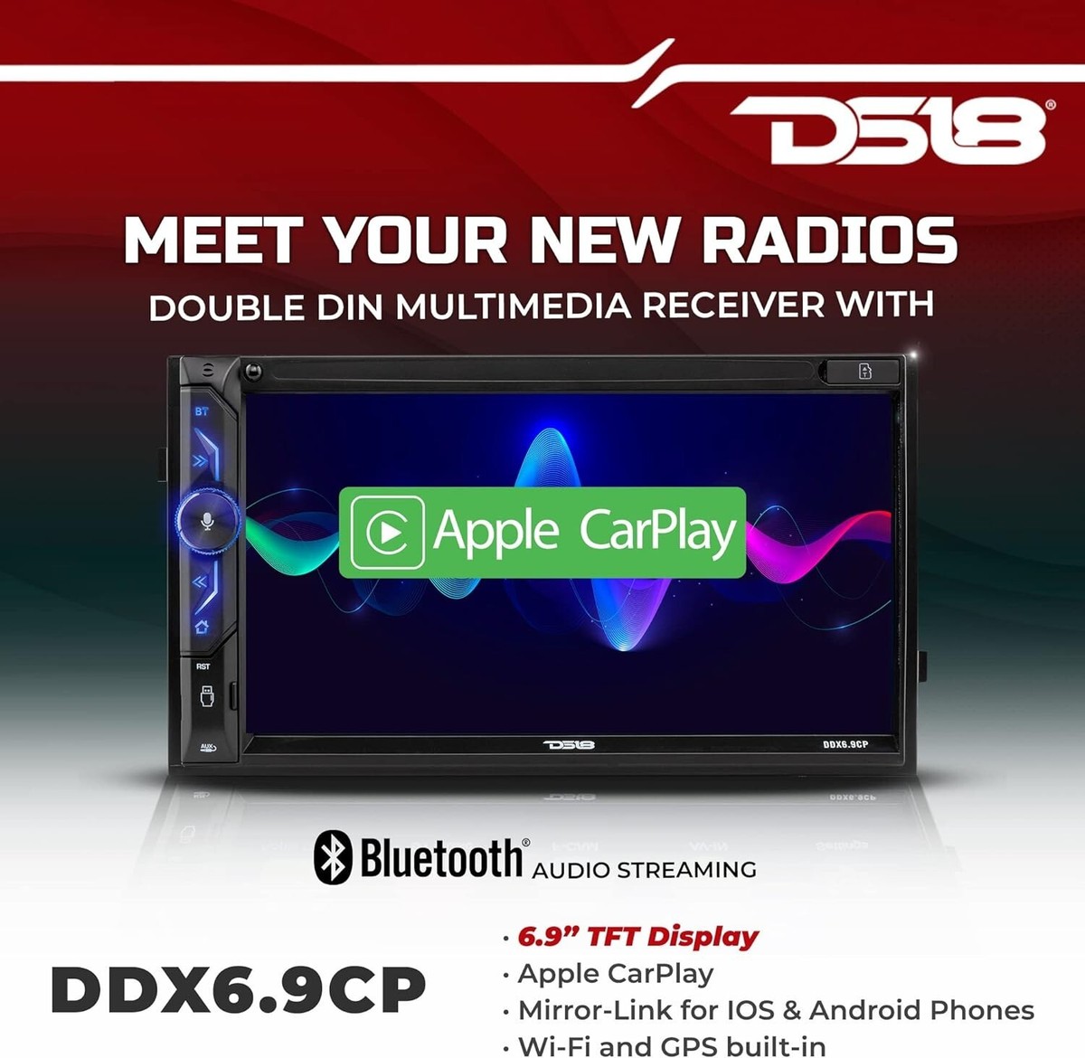 DS18 DDX6.9CP Car Stereo 6.9 Double 2-Din Bluetooth Apple CarPlay