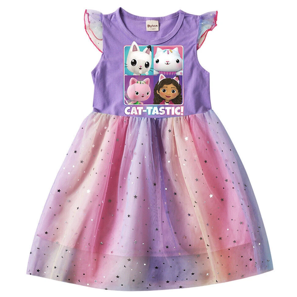Children's Girl Cartoon Character Rainbow Mesh Dress Princess T-shirt Tutu Dress - Image 2 of 4