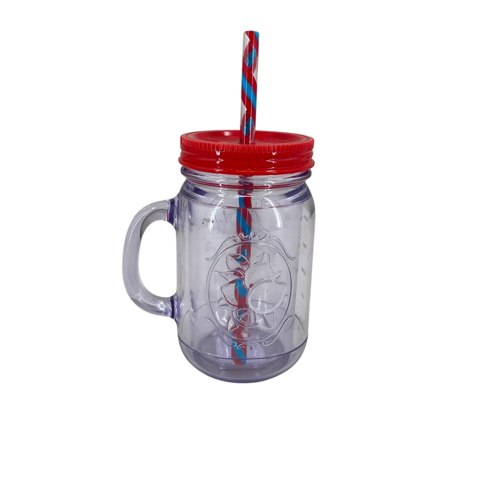 Aladdin Clear 16 oz Mason Jar Tumbler Travel Mug Red Blue Straw & Handle Red Lid - Image 2 of 4