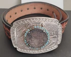 Leather Belt with 1921 Morgan Silver Dollar Buckle (36.5"-41.5" by 1 5/8")