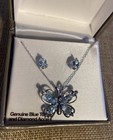 Sterling 925 Blue Topaz Diamond Accent Butterfly Pendant Necklace & Earrings Nos — photo 2