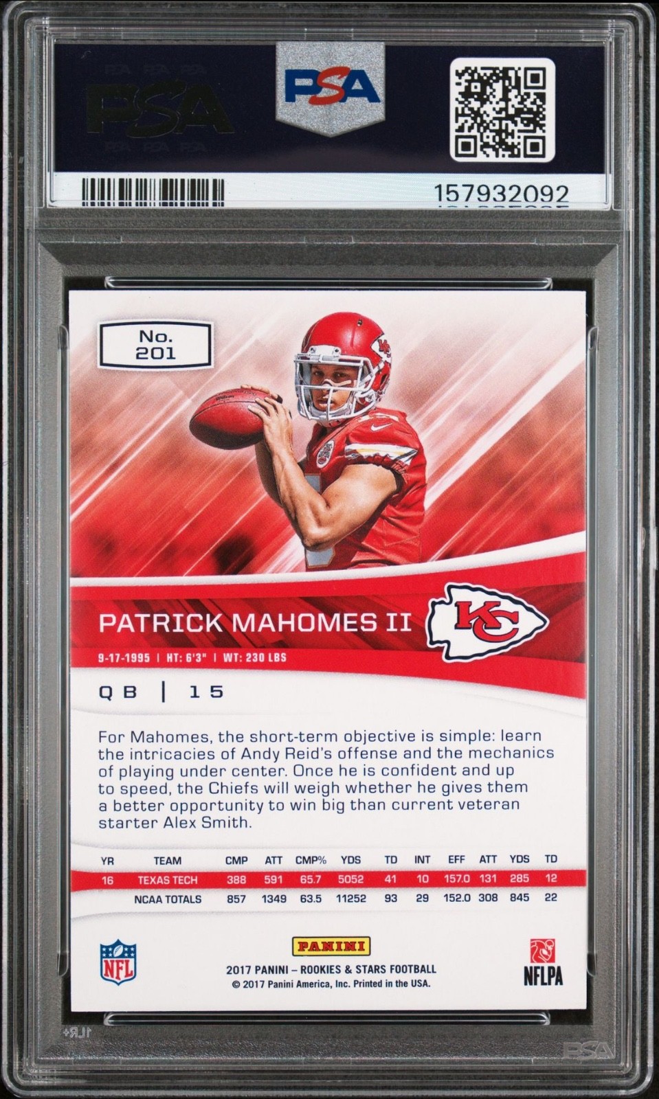2017 Panini Rookies & Stars Patrick Mahomes II Rookie #201 PSA 10 Gem Mint view 2