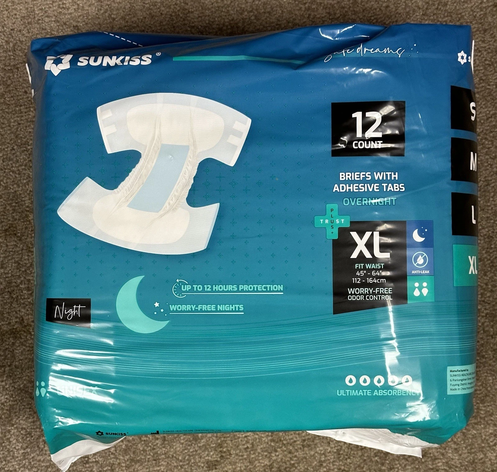 SUNKISS TrustPlus Overnight Adult Diapers with Tabs, Unisex Disposable NEW 12 ct