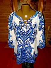Fig and Flower Blouse blue/white Boho paisley Peasant tunic top size M