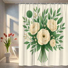 Floral Design Shower Curtain with Green Leaves and Cream Roses
