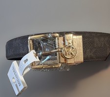 Michael Kors Brown/Black Leather Logo Reversible Gold Buckle Belt. Sz M. NWT