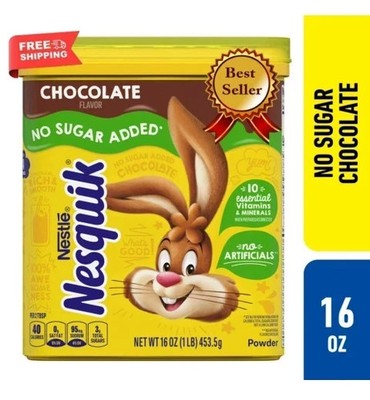 Nestle Nesquik No Sugar Added Chocolate Powder, 16 oz, Can, Makes Instant Chocol