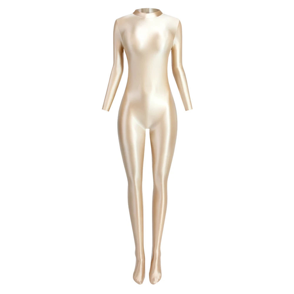 MJINM Women's Stretch Gloss Silky Jumpsuits Sport Bodysuit Short zipper Overall - Picture 9 of 30