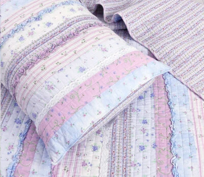 COZY COTTAGE PURPLE ROMANTIC CHIC LACE 3p King QUILT SET : ROSE RUFFLE CHIC RAG SHABBY FLORAL