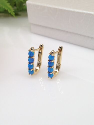 925 Sterling Silver Gold Blue Opal U Huggie Hoop Earrings Women 15mm/11mm x2.8mm