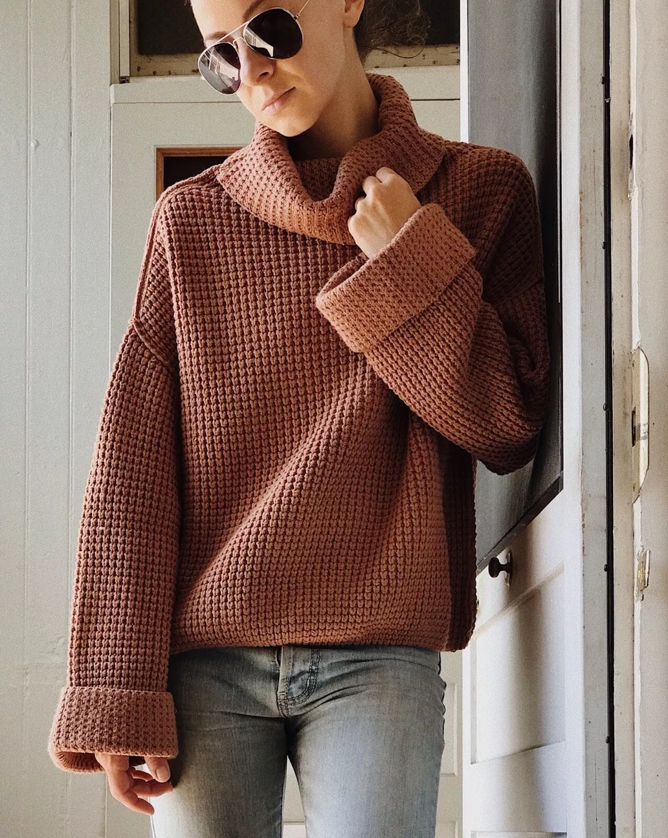 Free People Pullover Sweater Waffle Knit Relaxed Fit Burnt Orange Size Medium