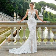 Sexy Mermaid Wedding Dress Spaghetti Straps Sweep Train Lace Flowers Bridal Gown