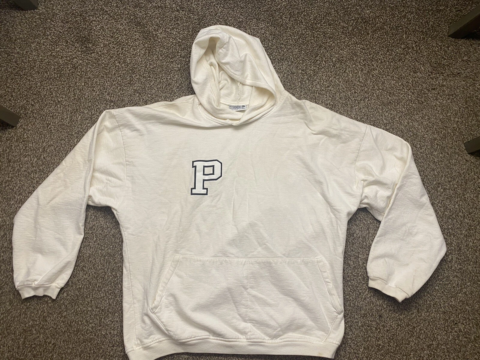 OFF WHITE T shirt con cappuccio vintage anni '90 Psycho Wear uomo grafica taglia OSFA USA bianca spenta