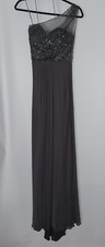 La Femme Dress Gunmetal Grey Beaded One Shoulder Mesh Jersey Ball Gown Size 0
