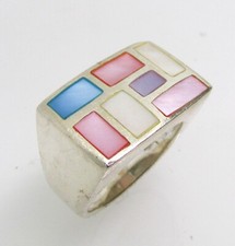925 Sterling Silver Inlaid Pastel Color Mother of Pearl Ring Size 6.75 - 8.6g