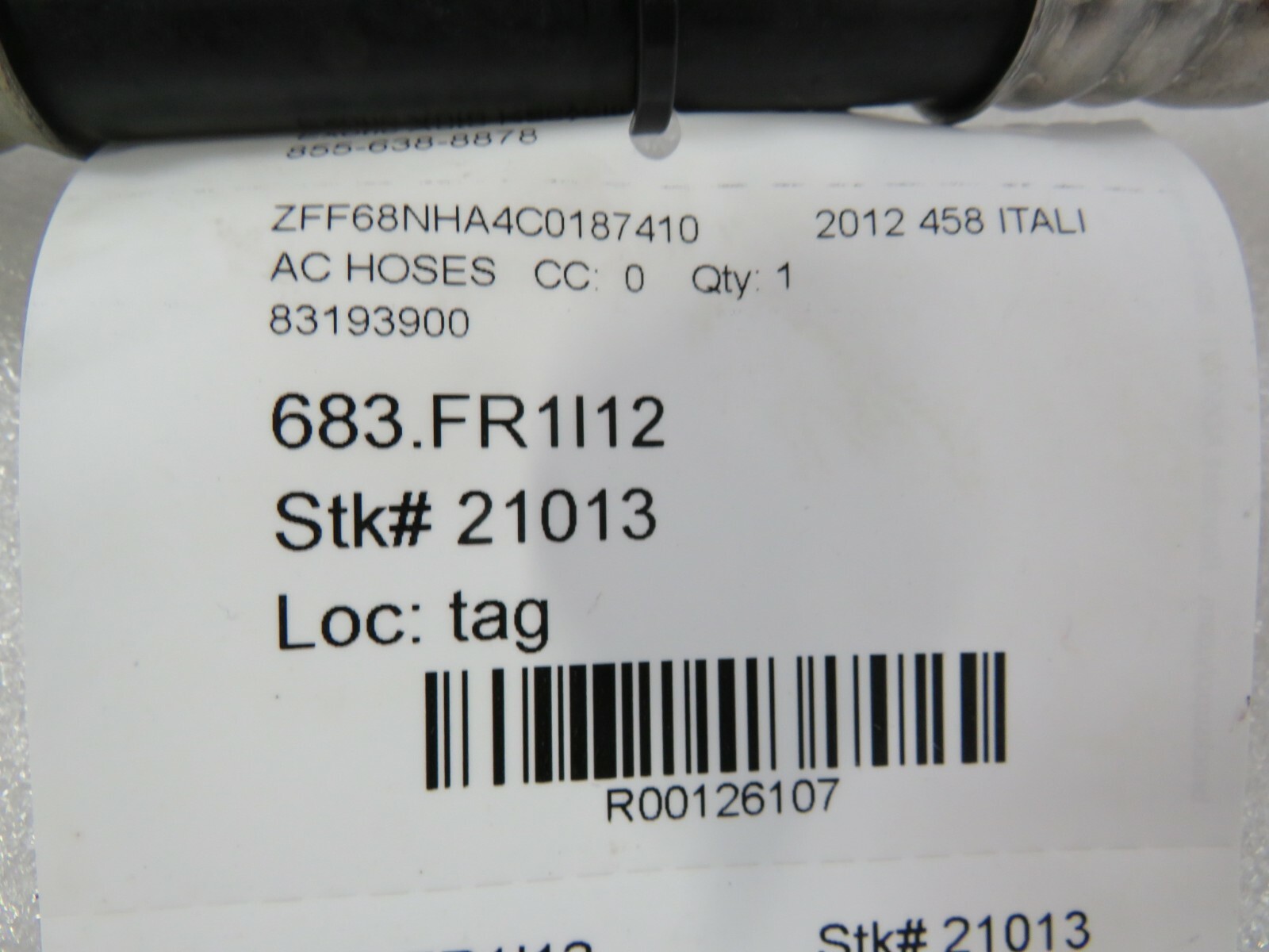 Ferrari 458 Italia, Spider, AC Hose Line, Underfloor, Used, P/N 83193900