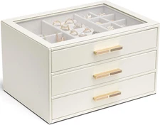 Jewelry Box for Women, Glass Lid Jewelry Organizer with 3 Drawers for Necklaces
